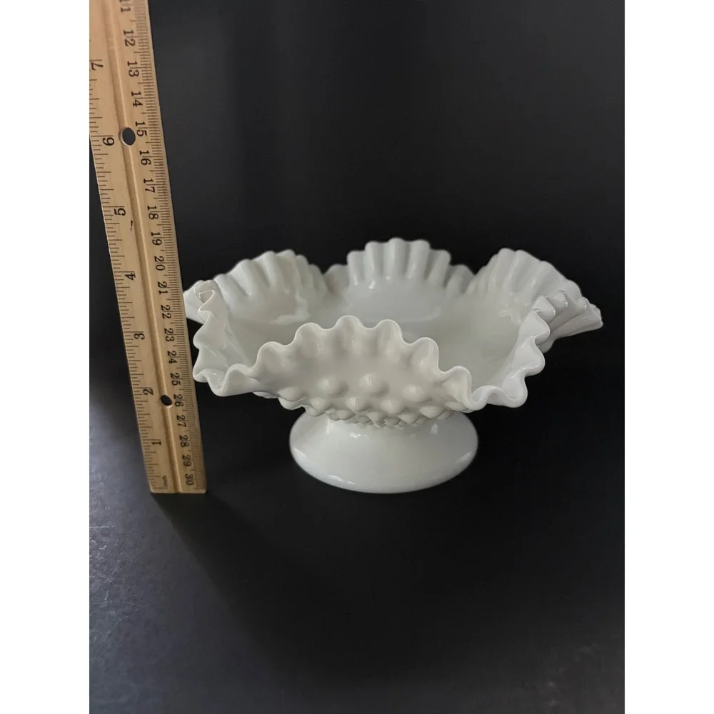 Fenton Hobnail | White Milk Glass | Ruffled Pedestal Candle Holder | Centerpiece